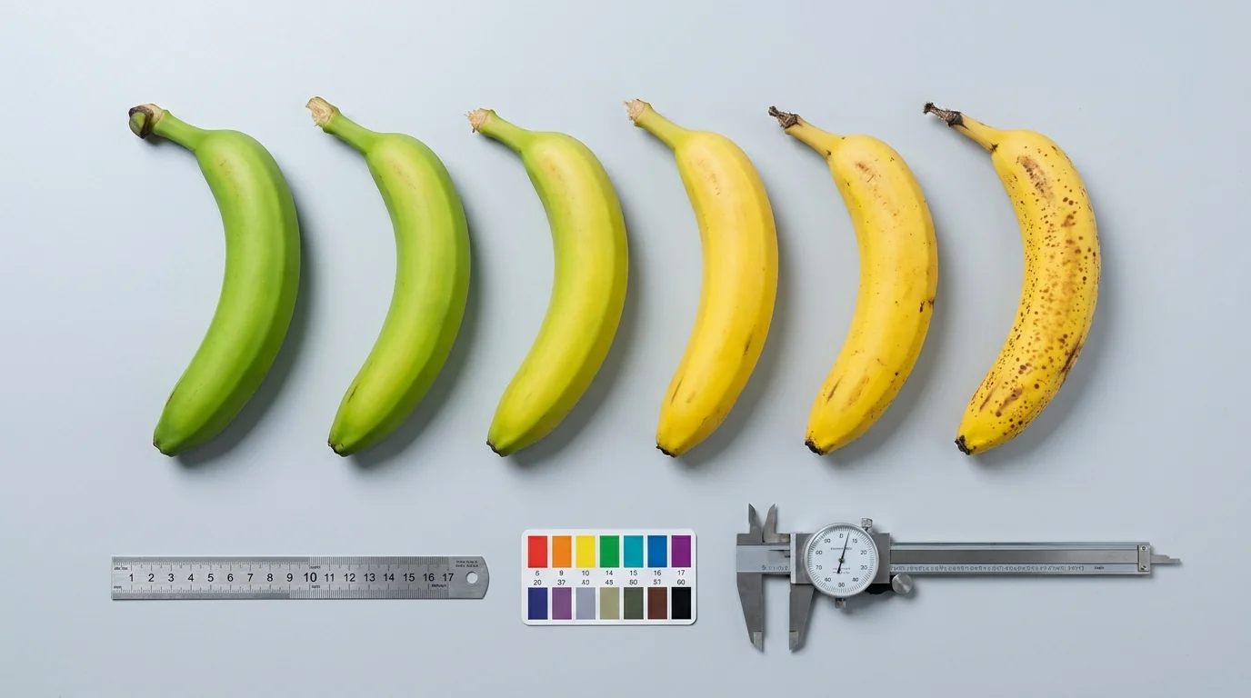 Banana grade reference 1 to 6 with ruler and color card — industry-standard ripening